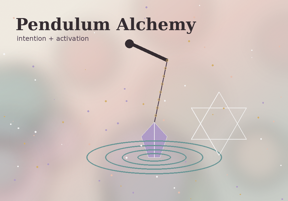 Pendulum Alchemy healing session visual with crystal pendulum and geometric light